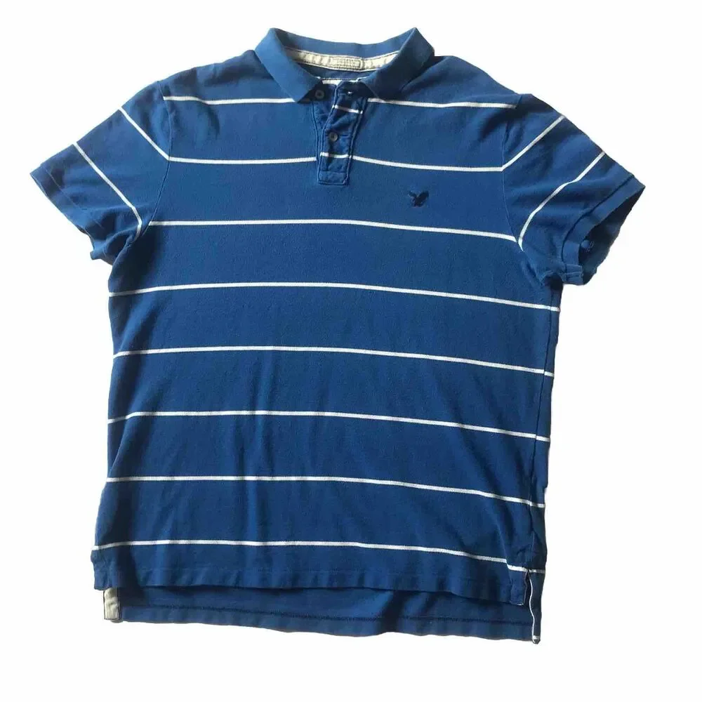 Y2k American Eagle Outfitters Athletic Fit Men's XXL 2XL Stripe Polo Shirt Blue